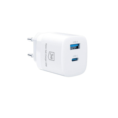 Tinklo įkroviklis 3mk Hyper GaN Charger 33W USB-C ir USB-A jungtys,  balta