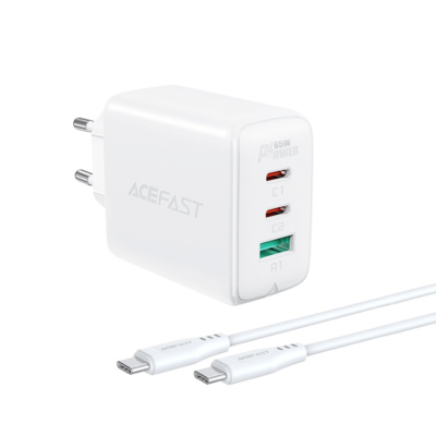 Tinklo įkroviklis Acefast A13 PD65W 2xUSB-C ir USB-A jungtys, su Type C – Type C kabeliu, balta