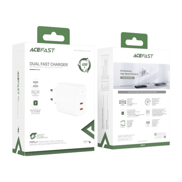 Tinklo įkroviklis Acefast A9 PD40W 2xType-C, balta