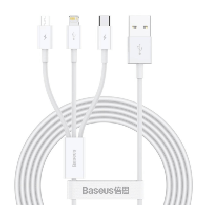 USB-A kabelis Baseus Superior microUSB, Lightning, Type-C 1.5m, balta