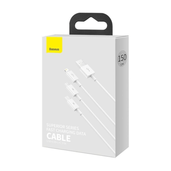 USB-A kabelis Baseus Superior microUSB, Lightning, Type-C 1.5m, balta
