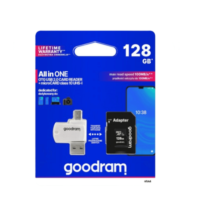 Atminties kortelė Goodram microSD 128Gb (10 klasė) + SD adapteris + OTG kortelių skaitytuvas (USB+microUSB)